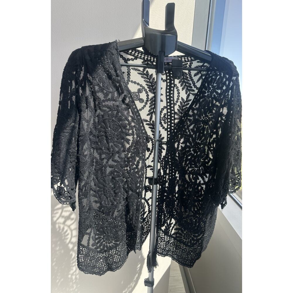 PARAMI DESIGN Black Lace Crochet Tie Kimono Jacket Blouse Women's L